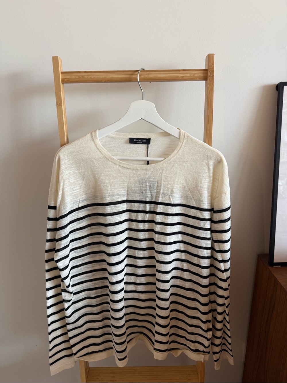 Massimo Dutti Cream and Black Striped Crewneck Sweater